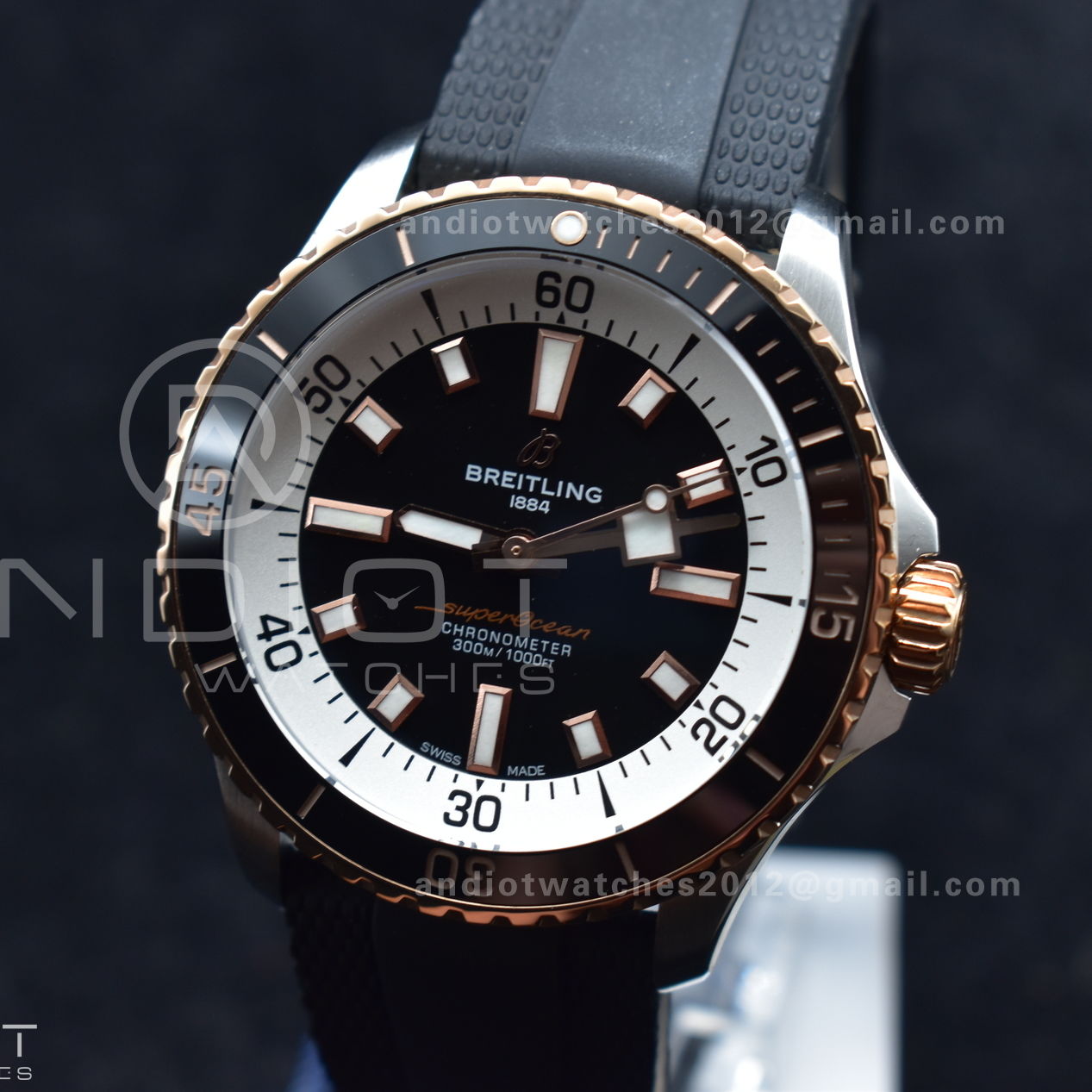 SuperOcean Automatic 42 SS/RG BLSF 1:1 Best Edition Black Dial on Black Rubber Strap A2824